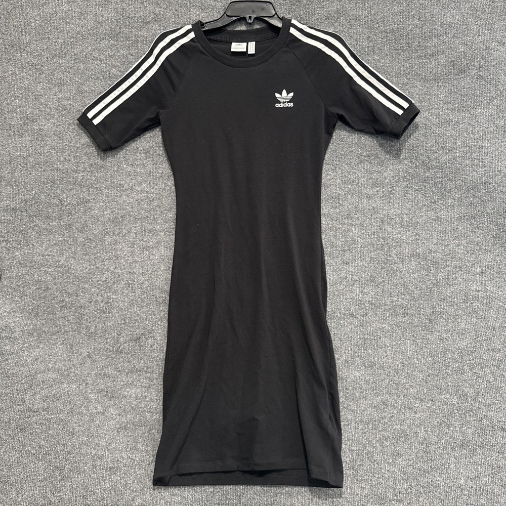 Adidas Women's Triple White Stripe Black Bodycon T Shirt Dress W/ Chest Logo S